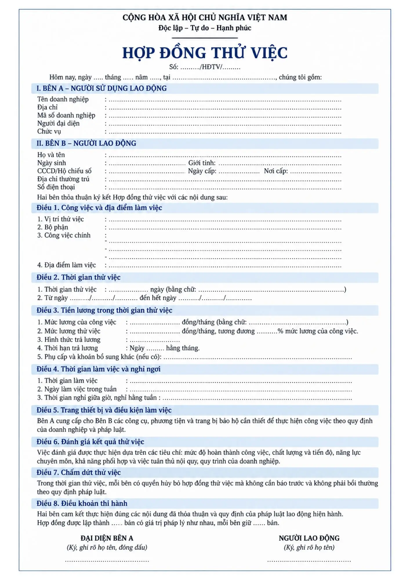 Mẫu hợp đồng thử việc tham khảo