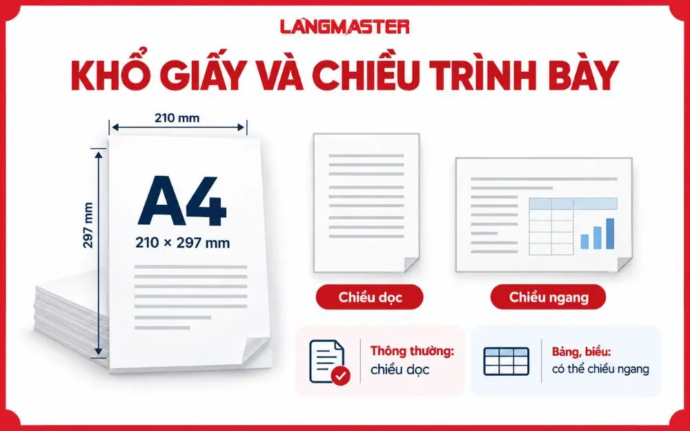 Khổ giấy A4 và hai chiều trình bày văn bản hành chính phổ biến.