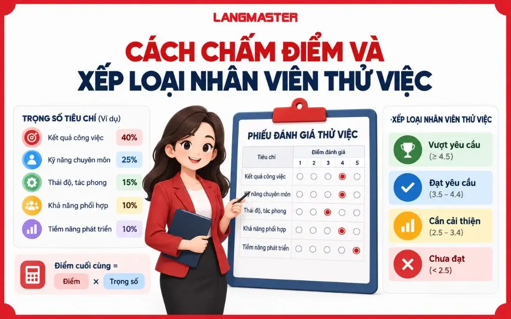 Cách chấm điểm và xếp loại nhân viên thử việc theo trọng số rõ ràng.