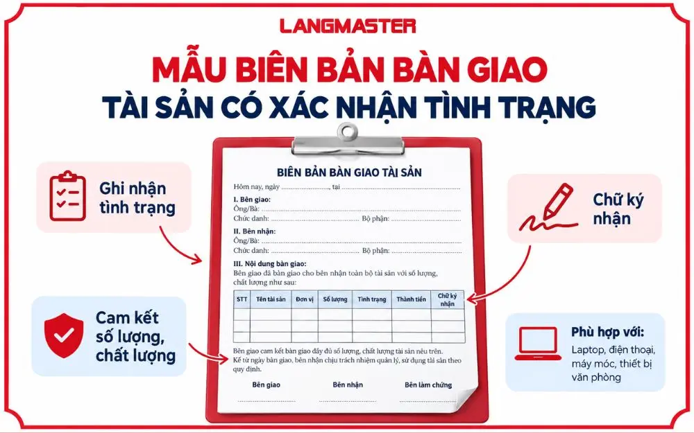 Mẫu biên bản bàn giao tài sản có xác nhận tình trạng và chữ ký.