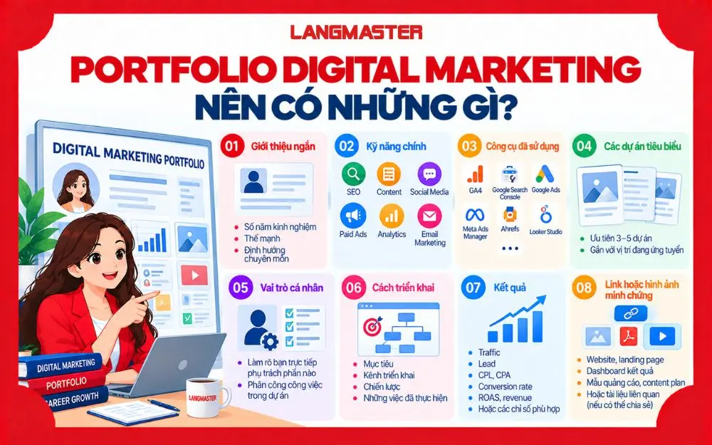 Những nội dung quan trọng giúp Portfolio Digital Marketing thể hiện năng lực thực tế.