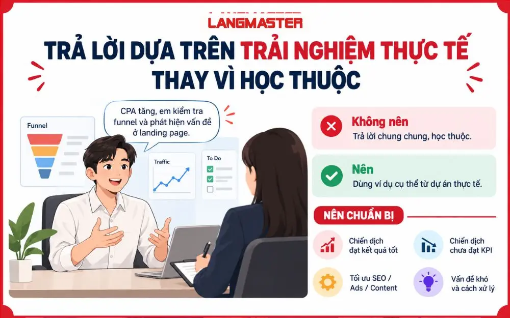 Trả lời phỏng vấn bằng trải nghiệm thực tế giúp thể hiện năng lực rõ hơn.