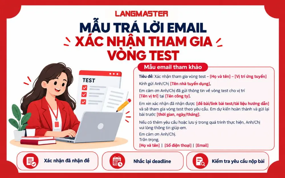 Mẫu email xác nhận tham gia vòng test rõ ràng, đầy đủ và chuyên nghiệp.