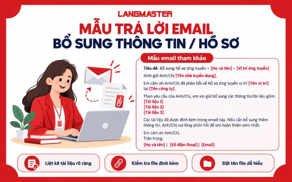 Mẫu email bổ sung hồ sơ ứng tuyển rõ ràng, đầy đủ và chuyên nghiệp.