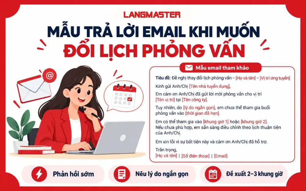 Mẫu email đổi lịch phỏng vấn lịch sự, rõ ràng và vẫn giữ thiện cảm.
