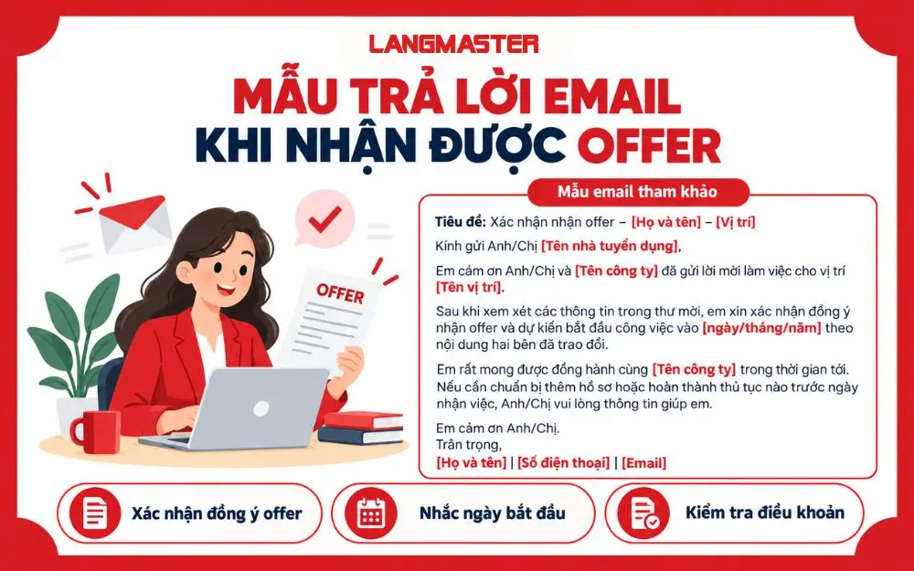 Mẫu email nhận offer rõ ràng, lịch sự và chuyên nghiệp cho ứng viên.
