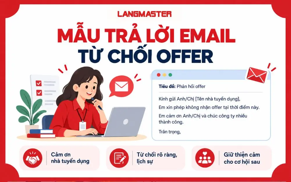 Mẫu email từ chối offer lịch sự, rõ ràng và vẫn giữ thiện cảm.