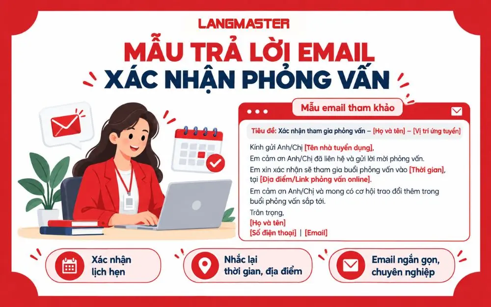 Mẫu email xác nhận phỏng vấn ngắn gọn, rõ ràng và chuyên nghiệp cho ứng viên.