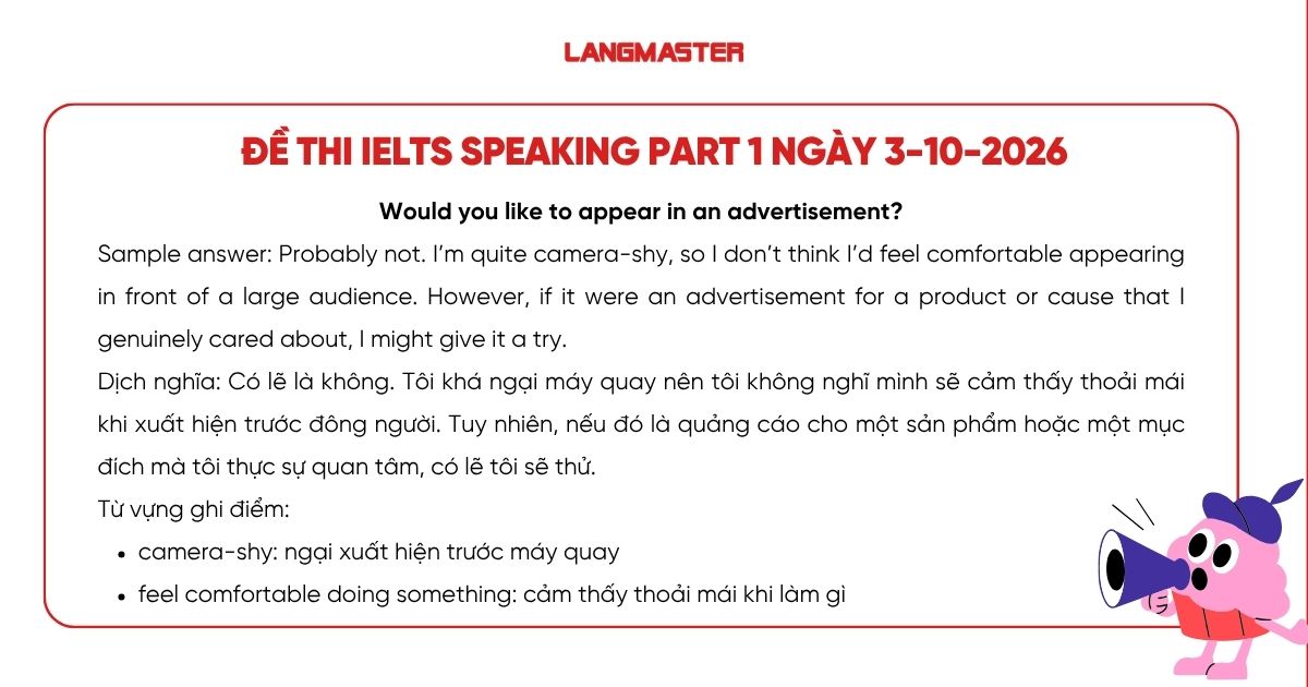 Giải đề IELTS Speaking part 1 ngày 3/10/2026