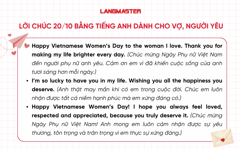 Lời chúc 20/10 bằng tiếng Anh dành cho vợ, người yêu
