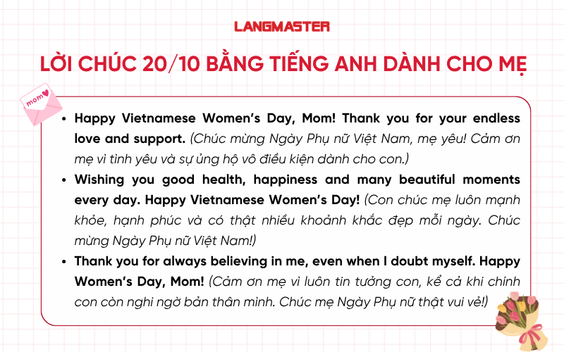 Lời chúc 20/10 bằng tiếng Anh dành cho mẹ
