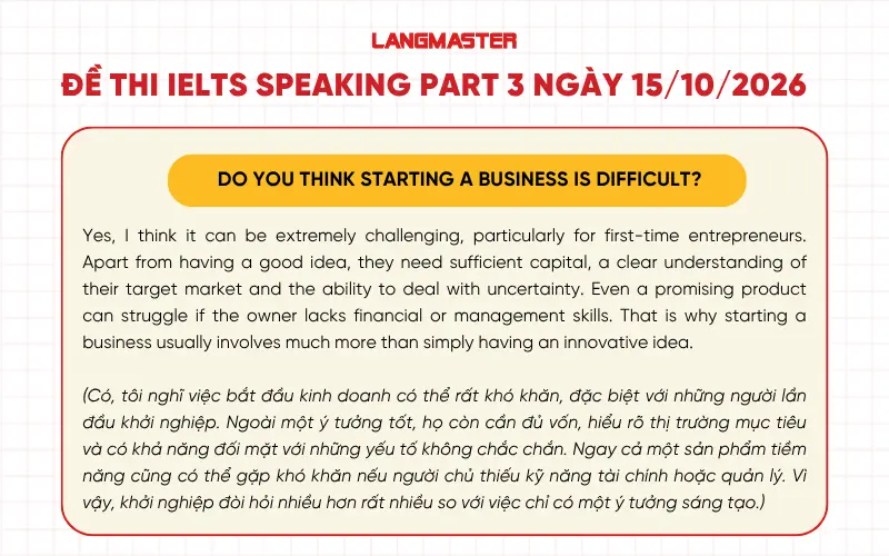 Do you think starting a business is difficult? IELTS Speaking Part 3 ngày 15/10/2026