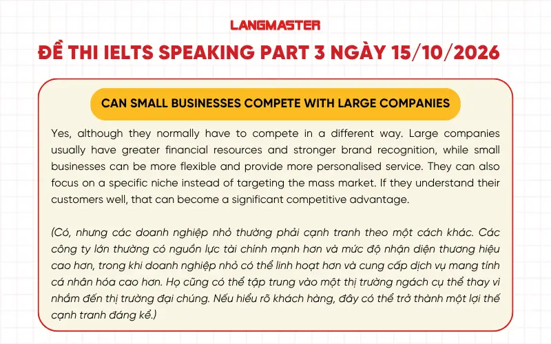 Can small businesses compete with large companies? IELTS Speaking Part 3 ngày 15/10/2026
