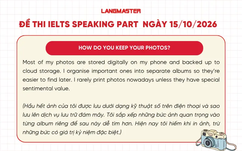 How do you keep your photos? IELTS Speaking Part 1 ngày 10/10/2026