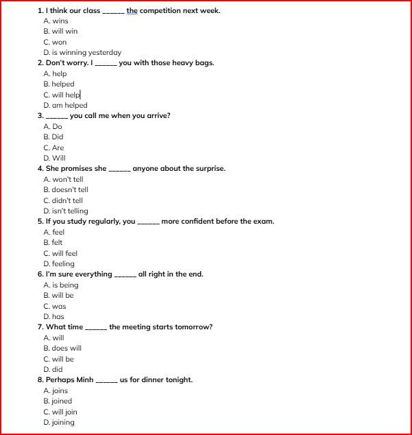 Bài tập thì tương lai đơn cơ bản